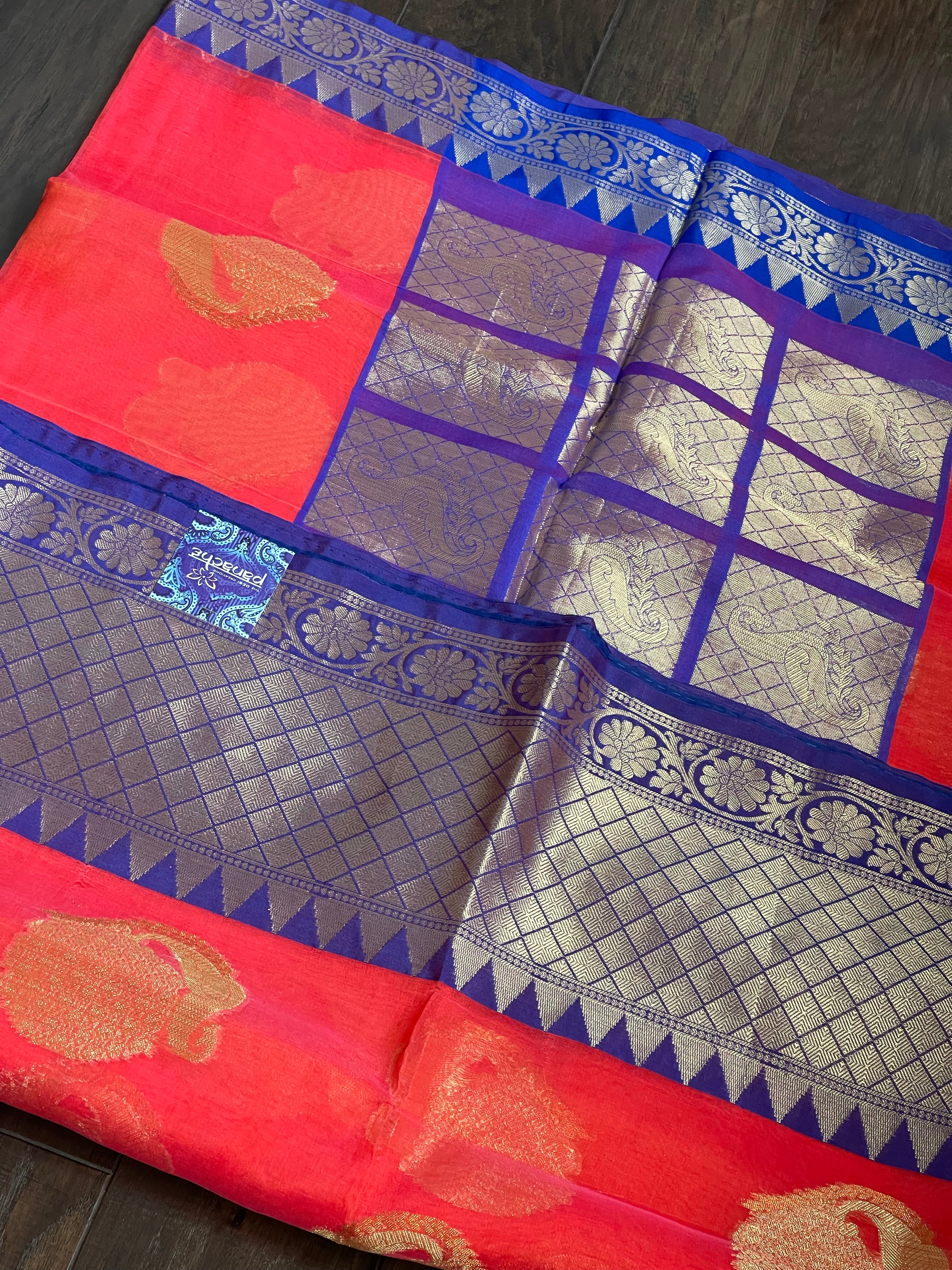 Kora Silk Banarasi - Pink Orange Dual shaded