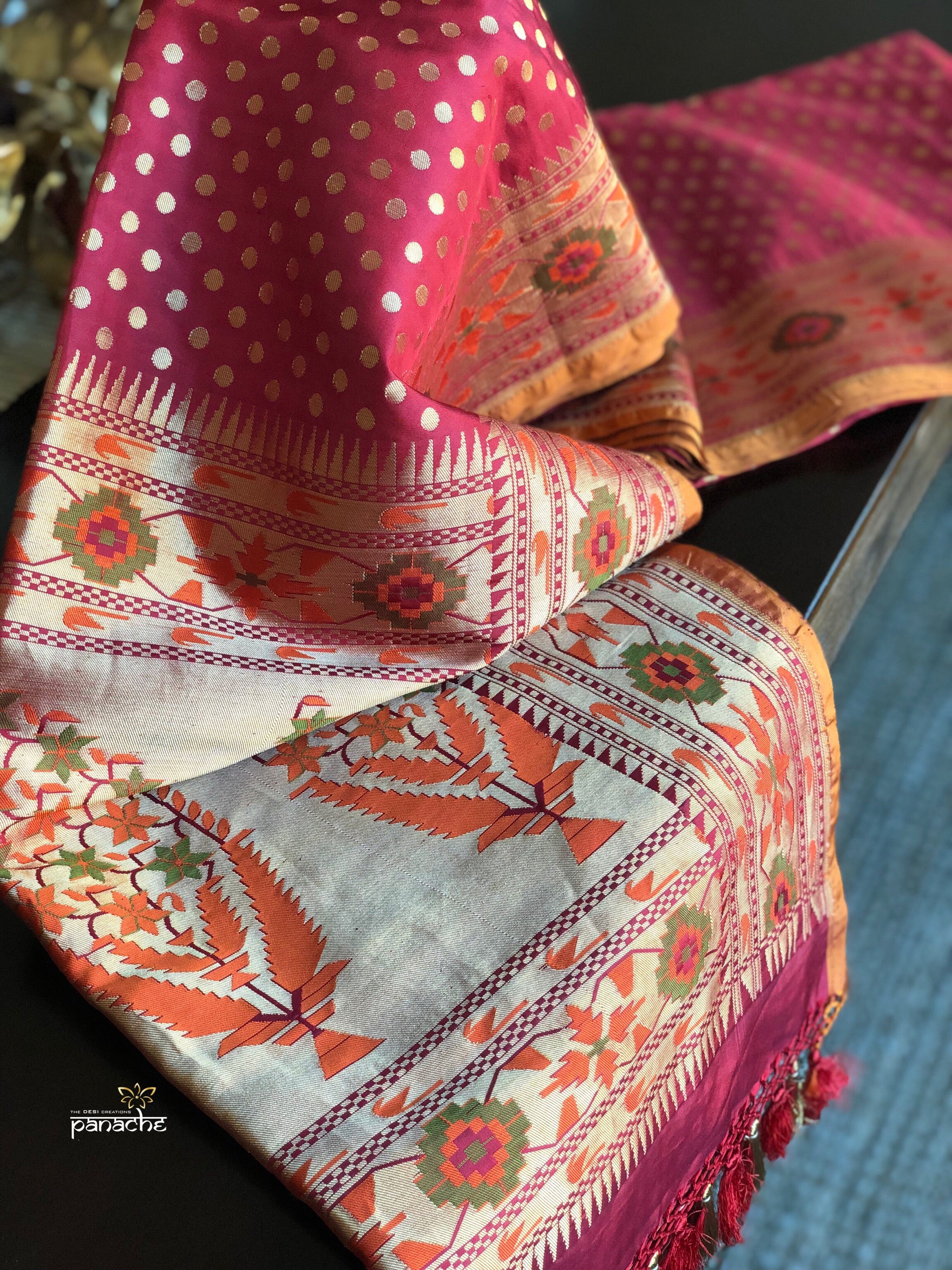 Silk Banarasi - Red Rusty Orange Paithani border