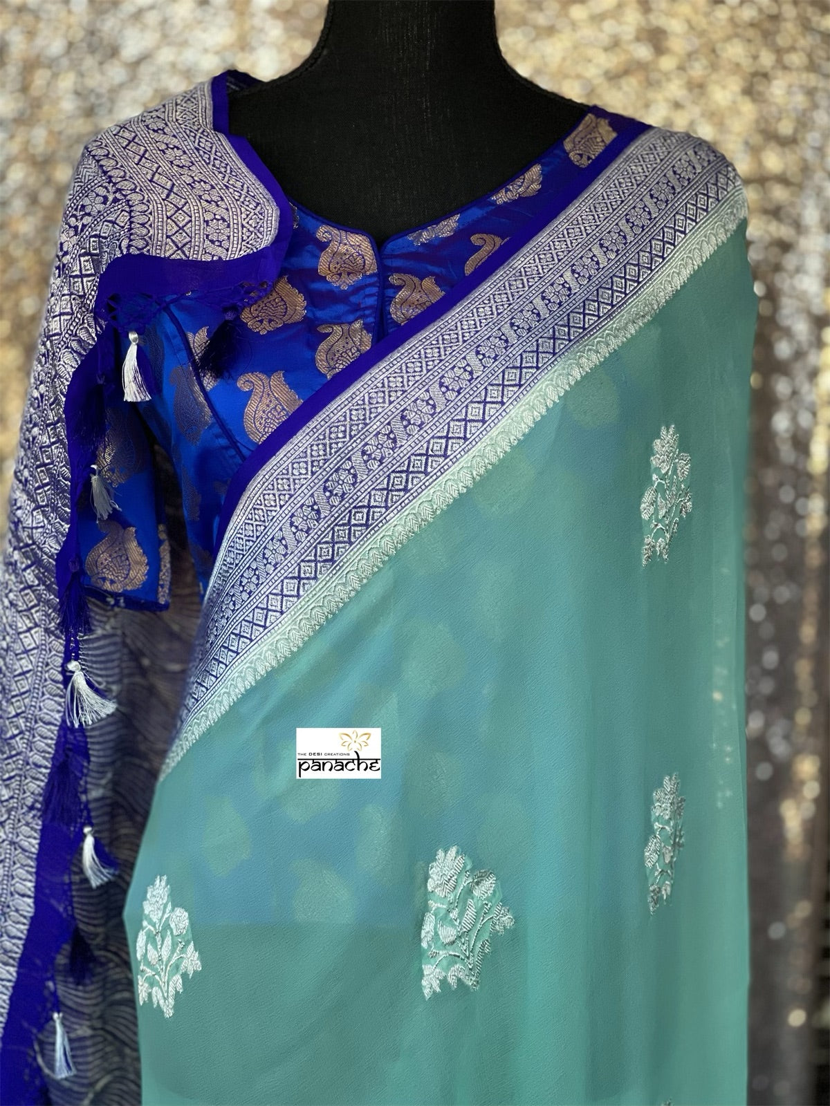 Chiffon Georgette Silk Banarasi - Mint Green Purplish blue