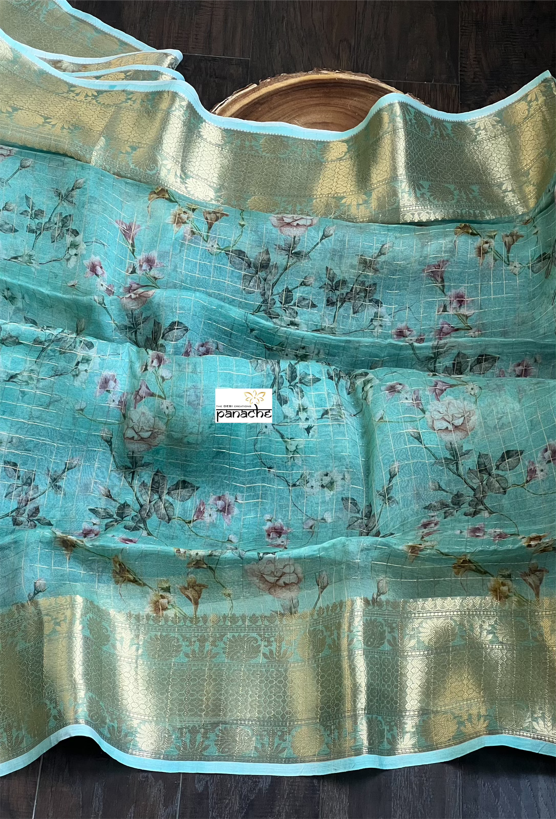 Banarasi Organza Floral - Seagreen Golden Zari Checks