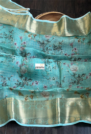 Banarasi Organza Floral - Seagreen Golden Zari Checks