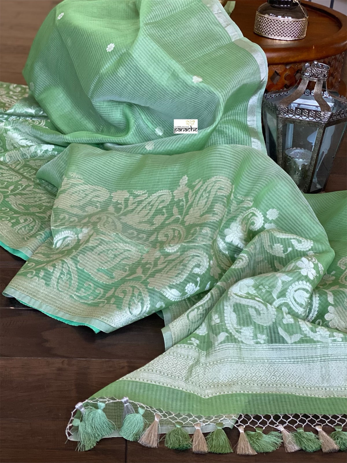 Linen Silk Banarsi - Pista Green Silver Zari