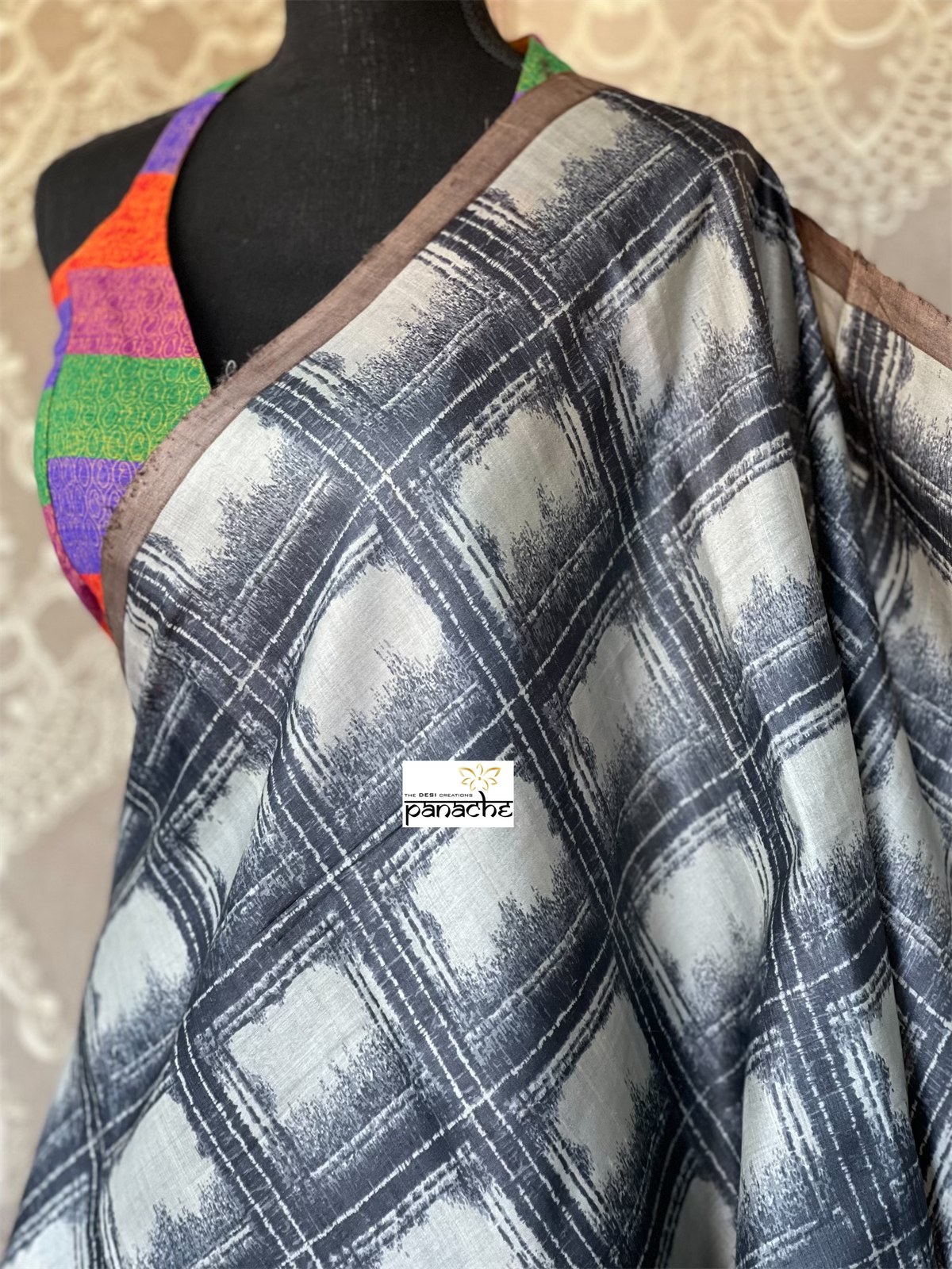 Pure Tussar Silk - Black Grey Printed