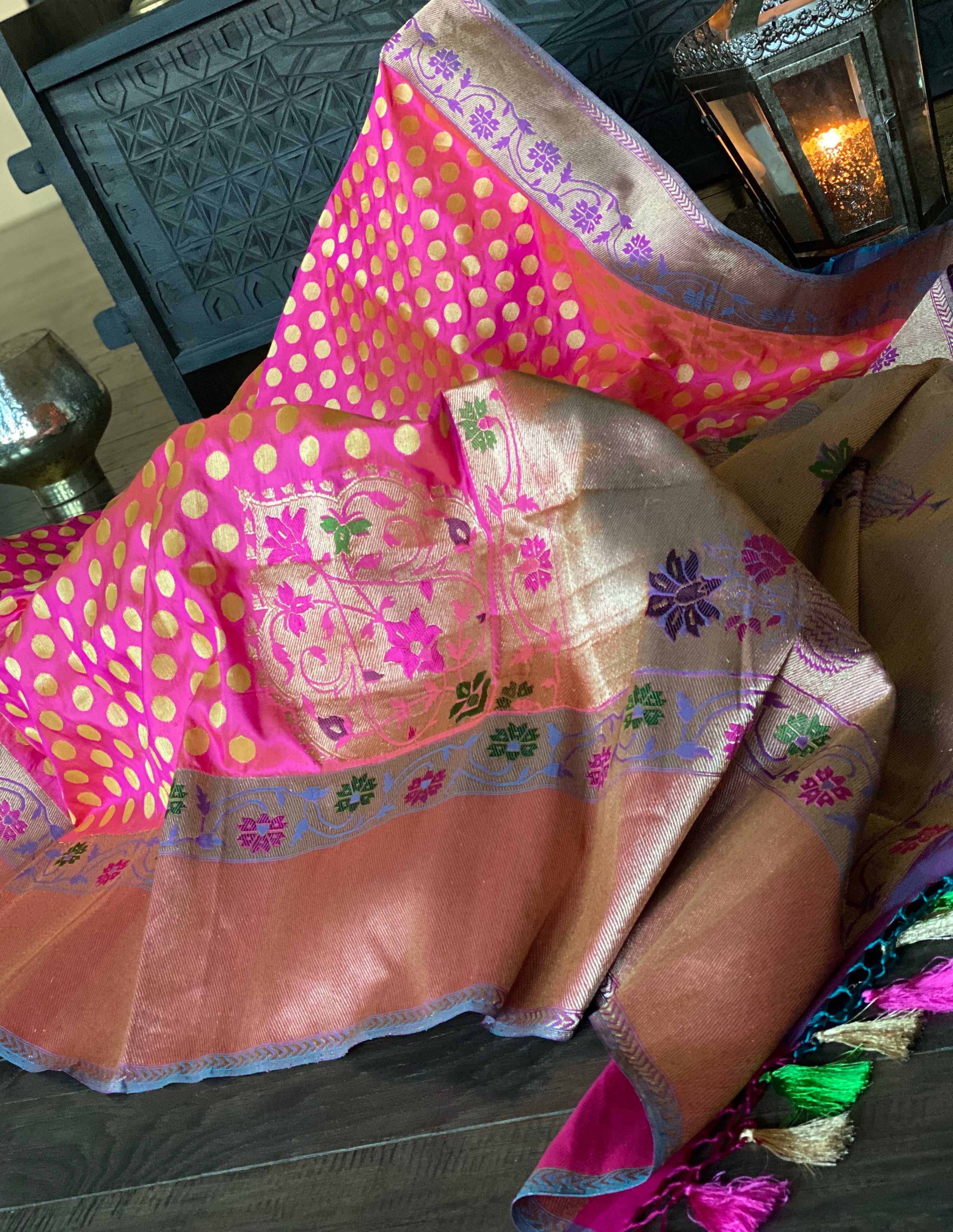 Katan Silk Banarasi - Shot Pink Paithani Woven