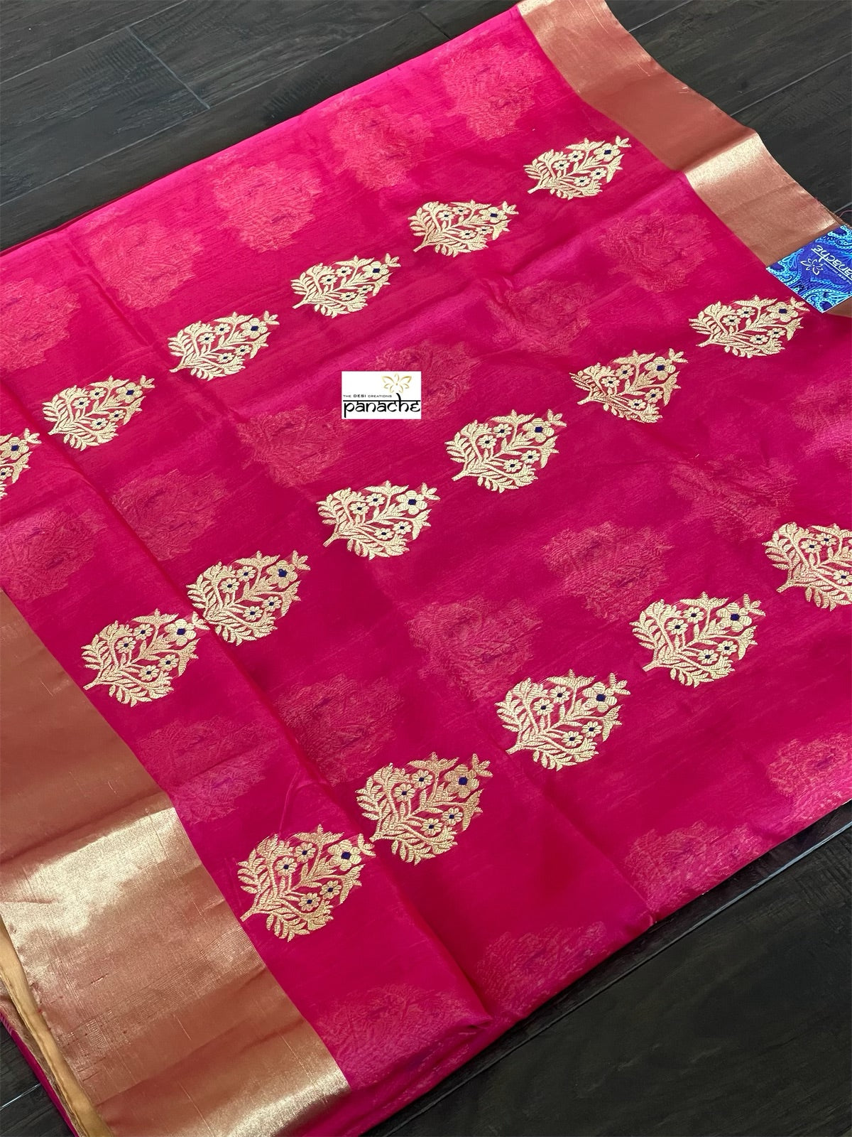 Pure Chanderi Pattu Silk - Magenta Pink Blue Iknaliya woven