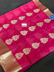 Pure Chanderi Pattu Silk - Magenta Pink Blue Iknaliya woven