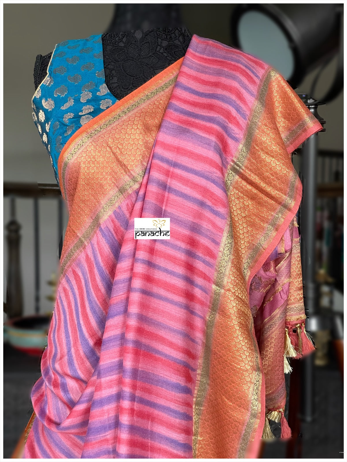 Muga Silk Banarasi - Pink Purplish Blue Tie Dye