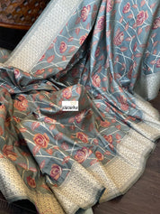 Muga Silk Banarasi - Grey Maroon Golden Zari