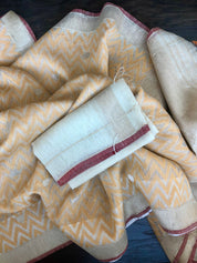 Linen By Kora Silk Banarsi - Off White Yellow Chevron