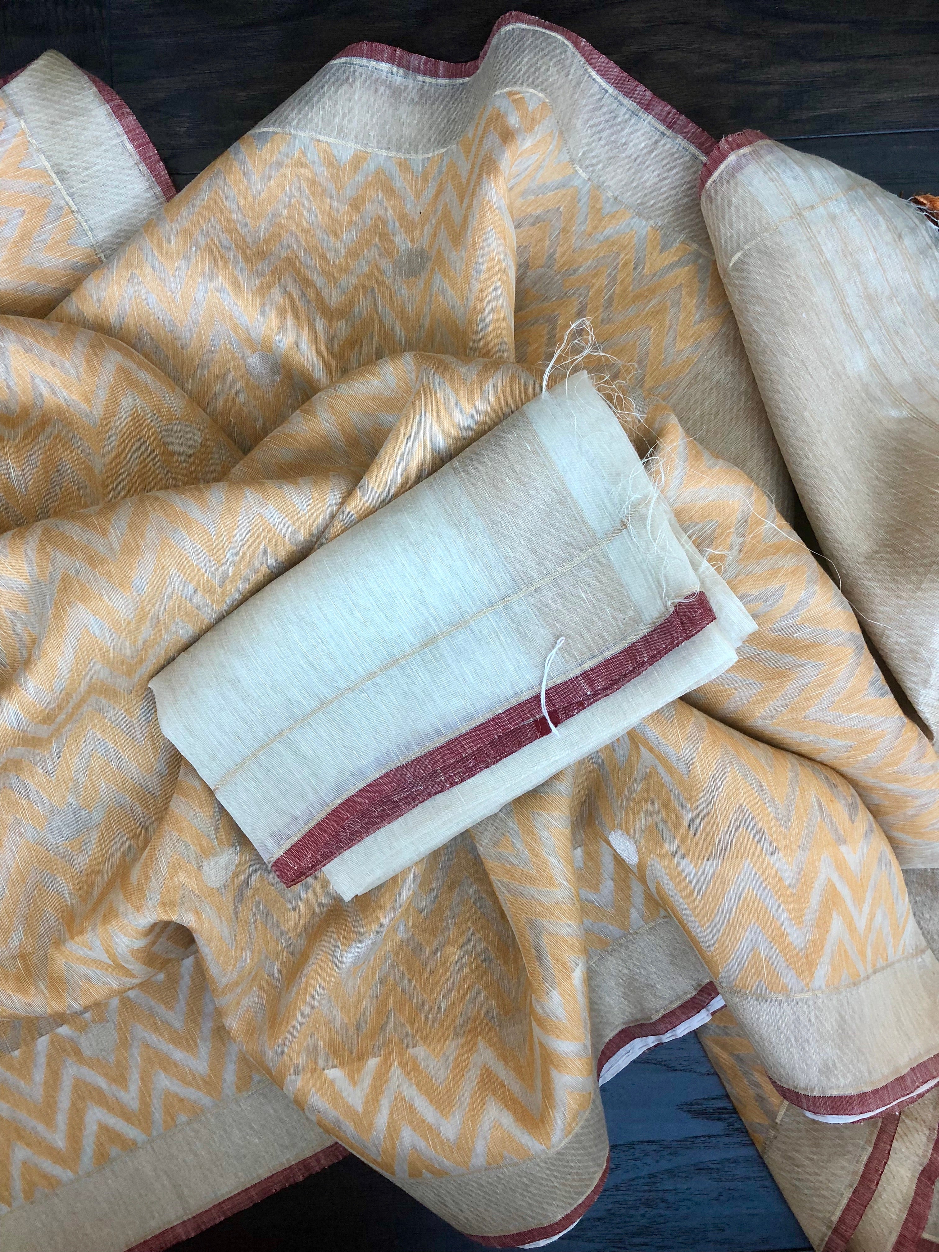 Linen By Kora Silk Banarsi - Off White Yellow Chevron