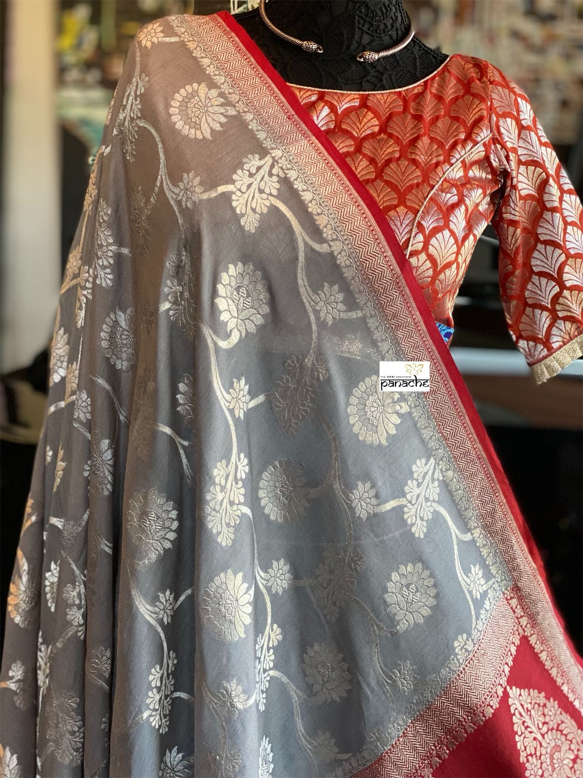 Muga Silk Banarasi - Grey Red Silver Zari