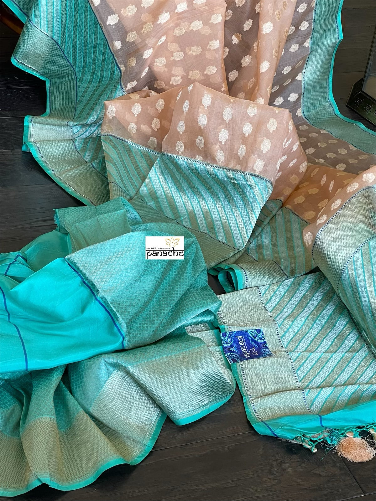 Organza Silk Banarasi - Light Peach Sea Green Antique Zari