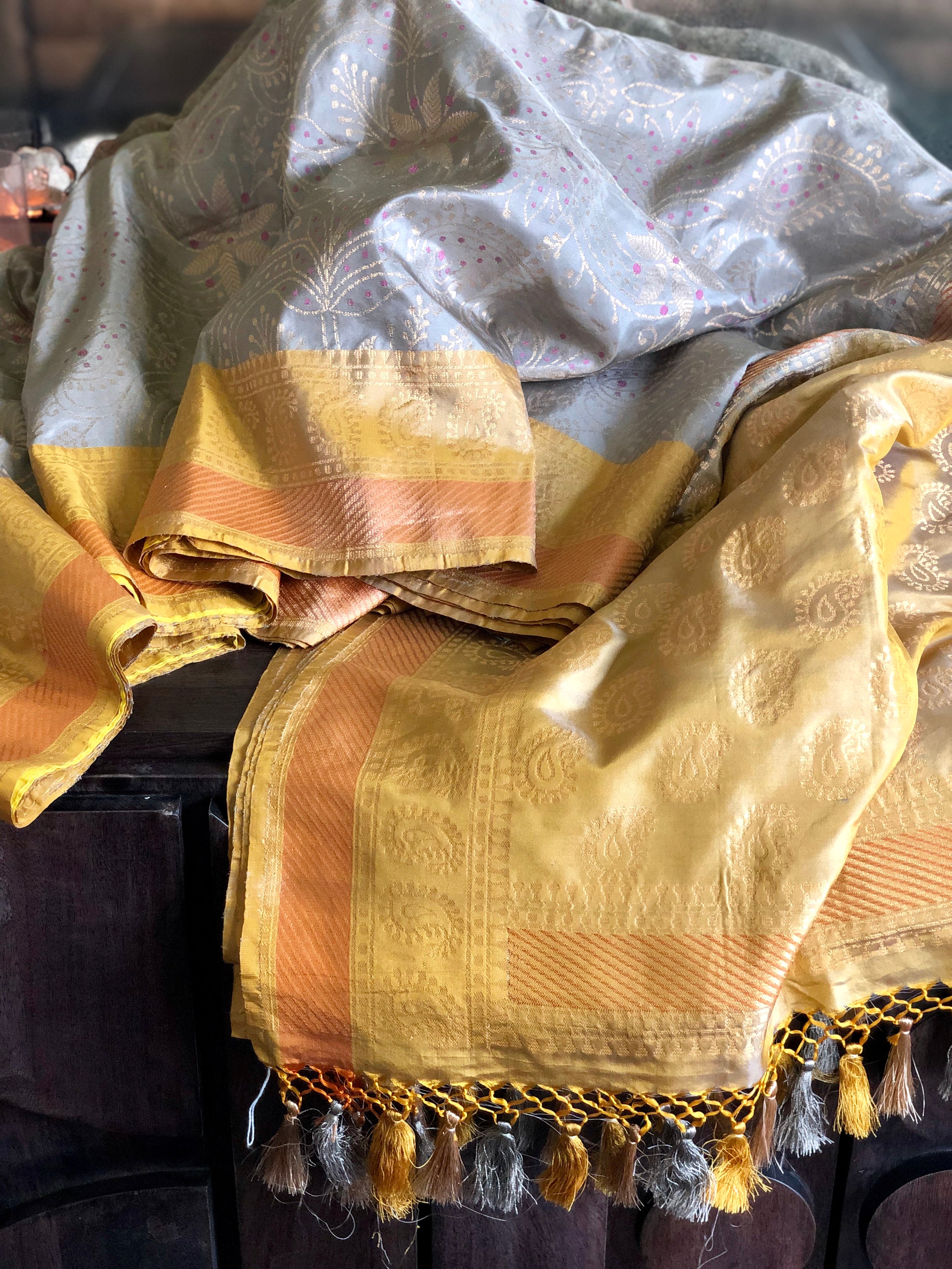 Katan Silk Banarasi - Grey Ochre Yellow