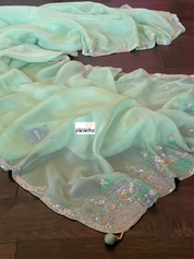Designer Satin Organza - Mint Hand Embroidered