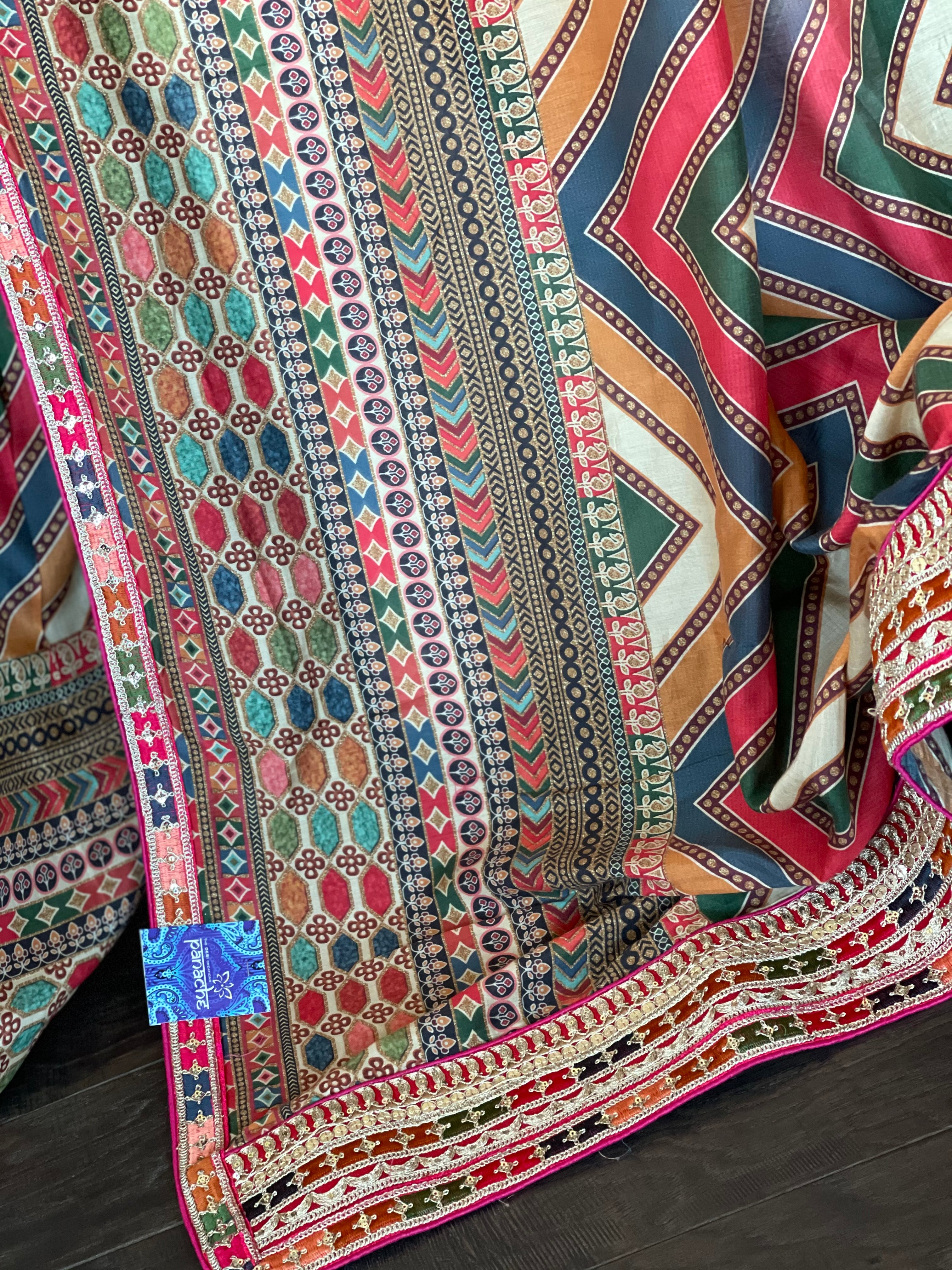 Satin Maslin Silk Printed - Beige Multi color Chevron