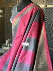 Tussar Silk Banarasi Shaded - Grey Raspberry Pink Antique Golden Zari