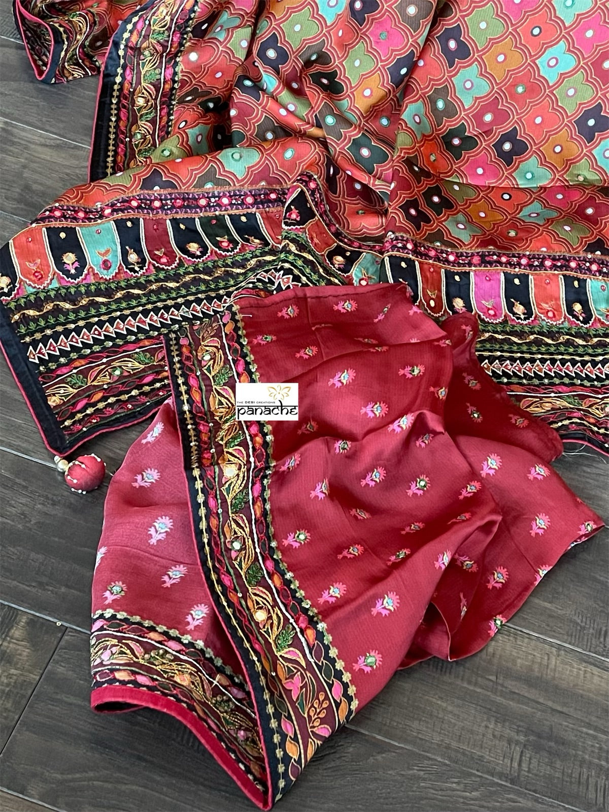 Designer Satin Georgette Silk - Brown Rust Multi Color