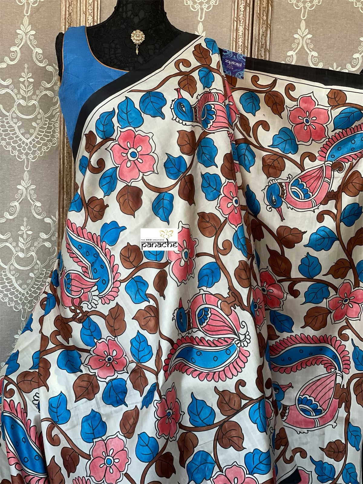 Pure Bishnupur Silk -  Ivory Pink Blue Pen-Kalamkari