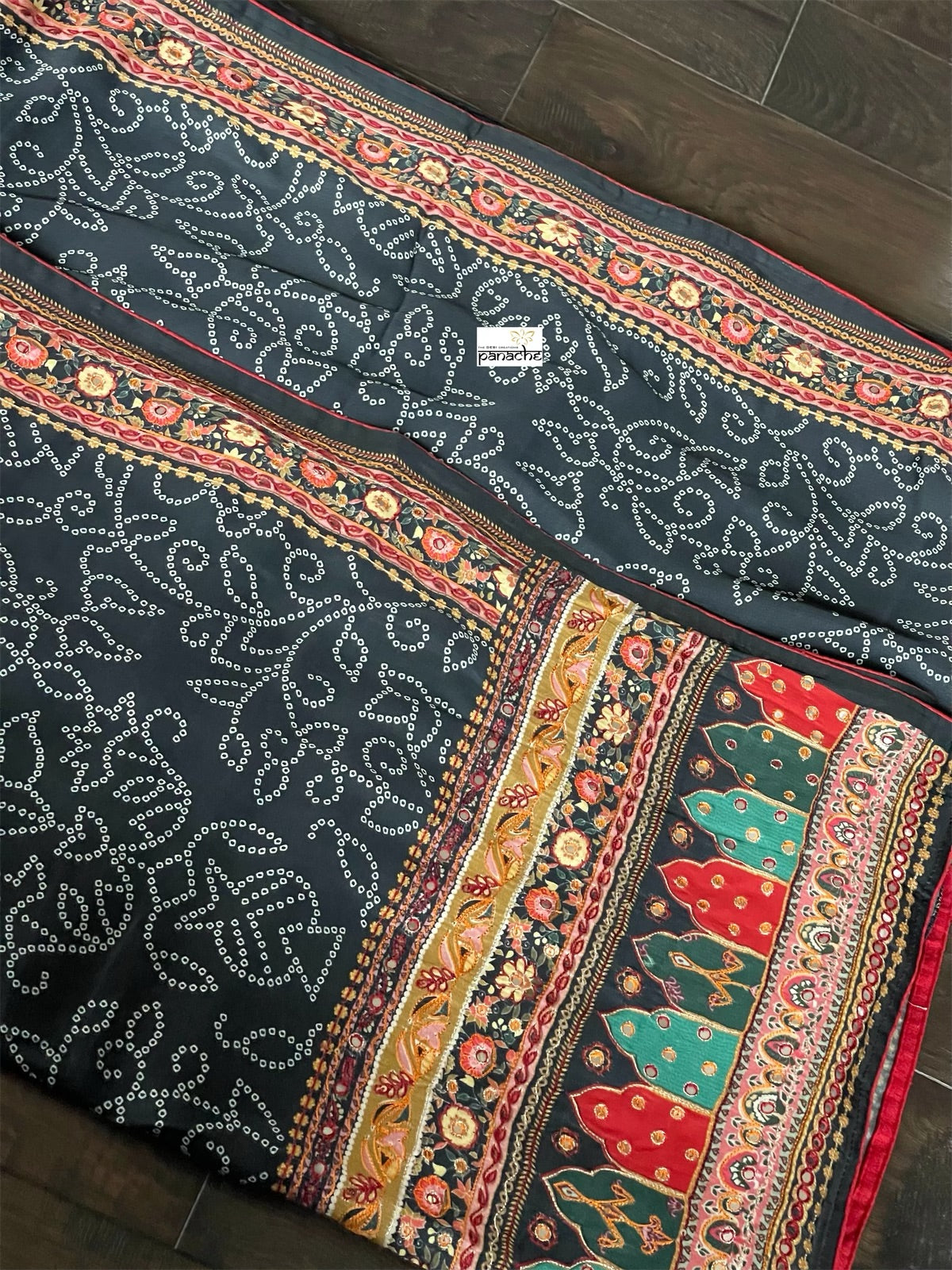 Satin Maslin Designer Inspired Drape - Black Bandhej Printed