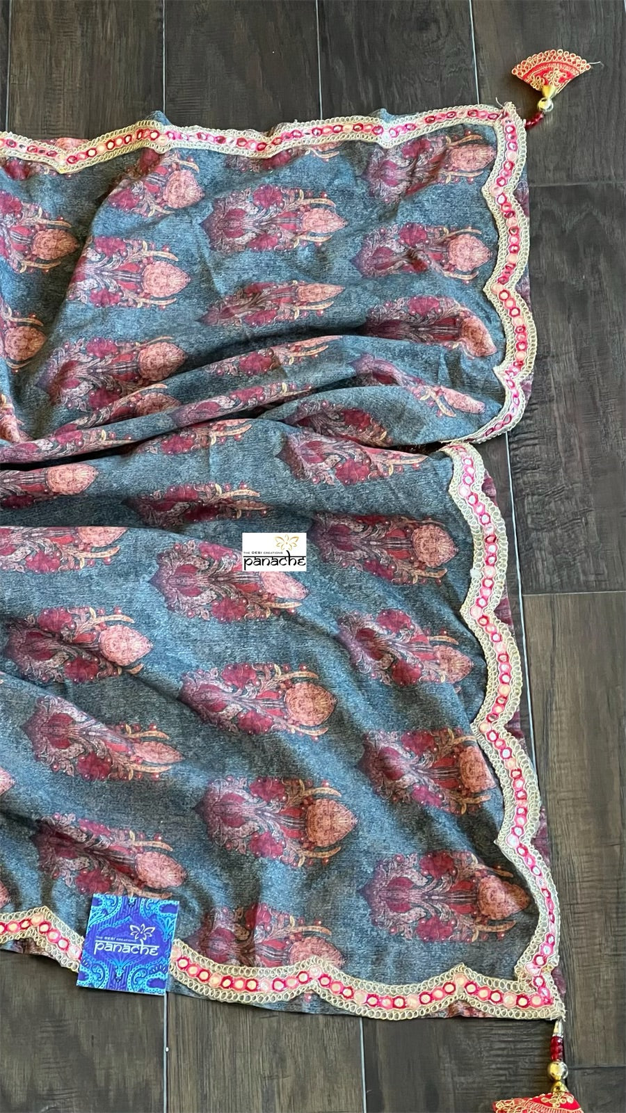 Designer Jute Silk - Grey Orange Printed