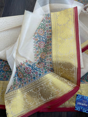 Kora Silk Banaras - Beige Madhubani Printed