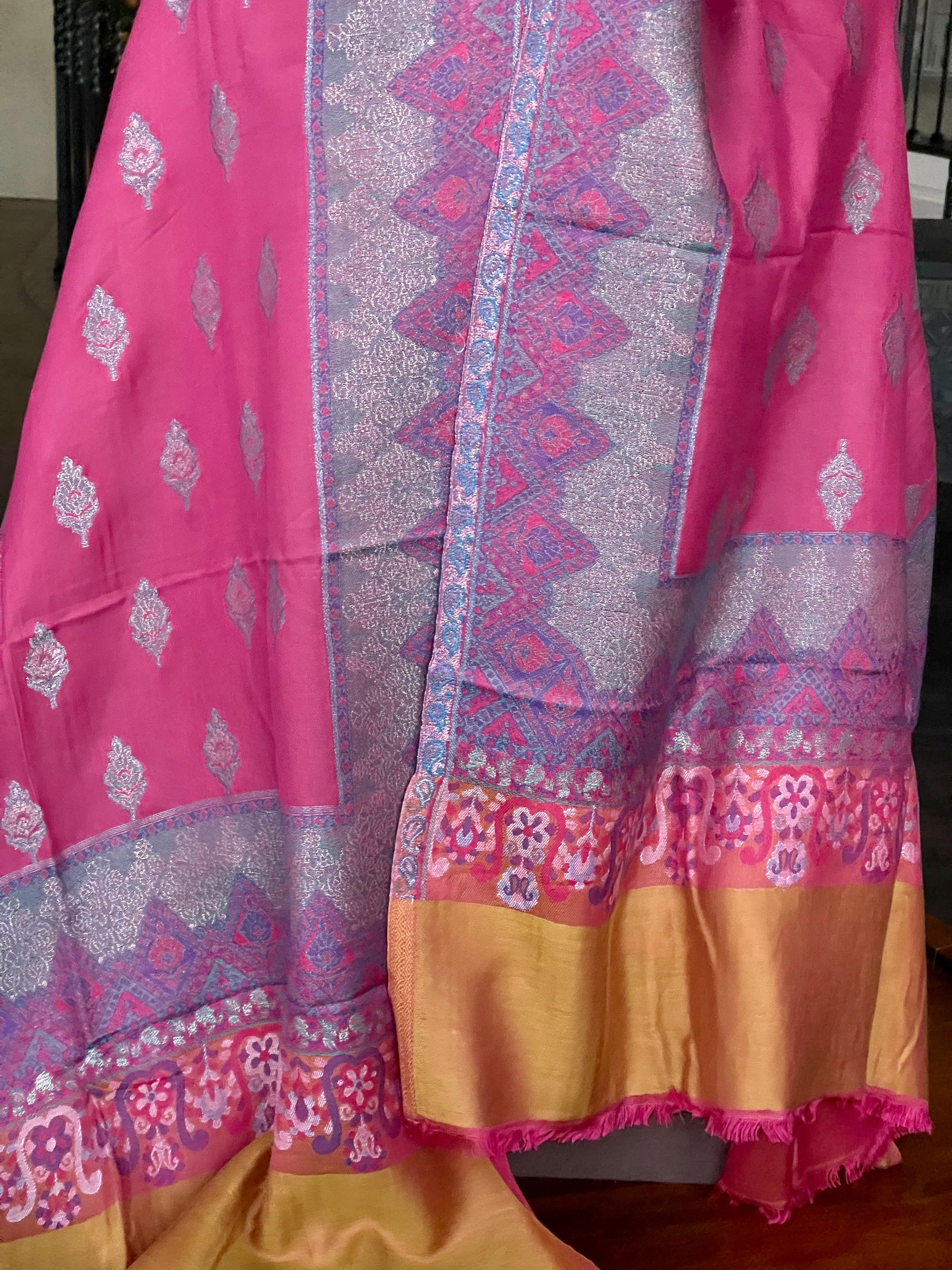 Kashmiri Semi Pashmina Stole - Pink Mustard Purple