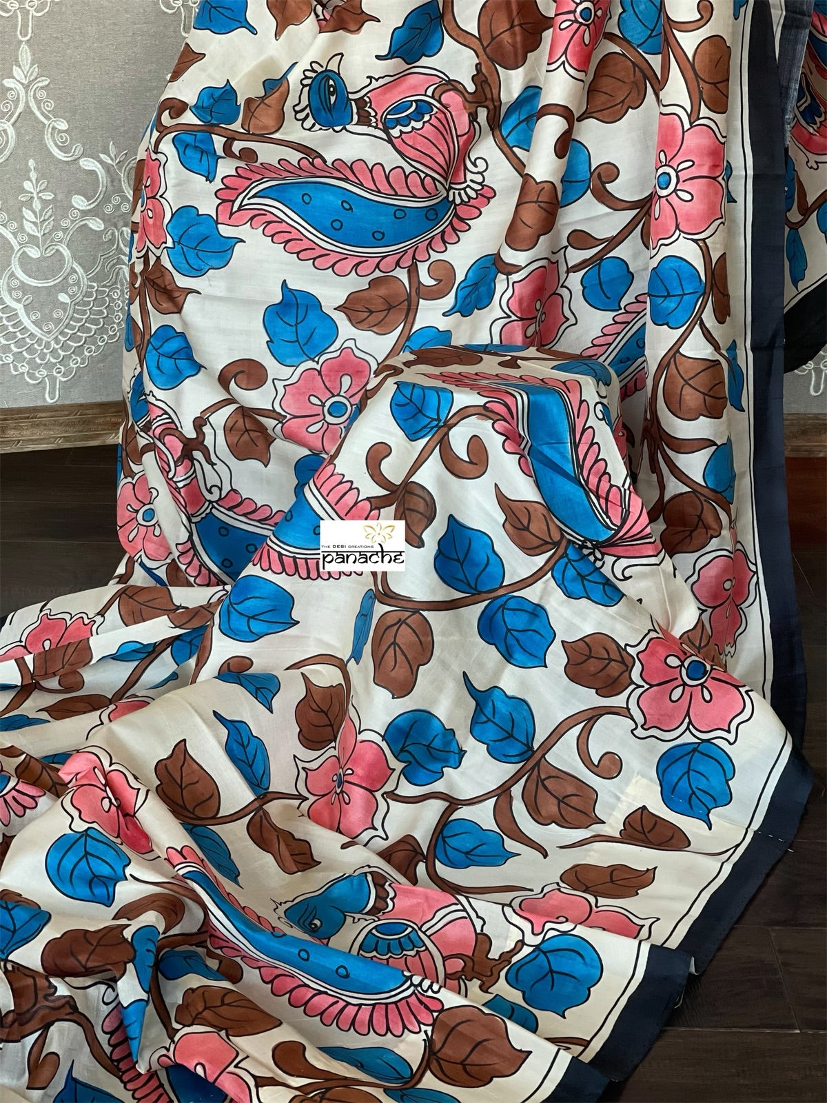 Pure Bishnupur Silk -  Ivory Pink Blue Pen-Kalamkari
