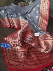 Tussar Georgette Banarasi- Grey Maroon Black