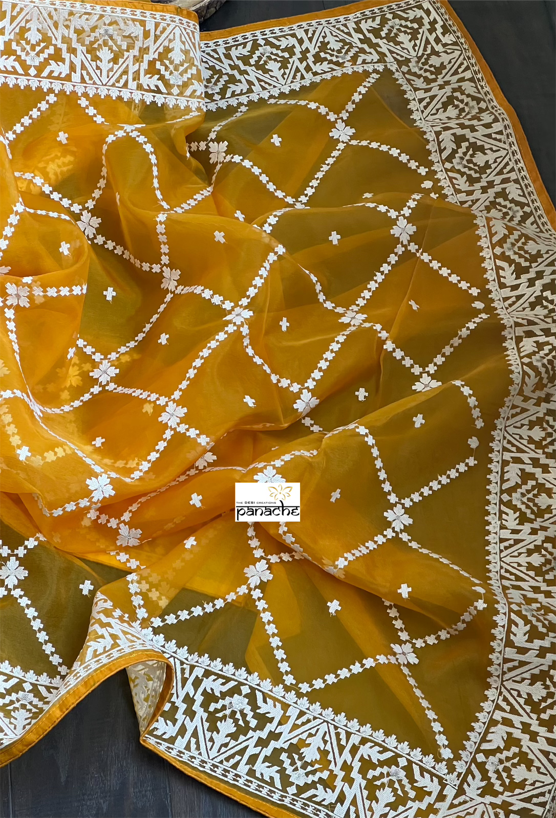 Designer Organza - Light Mustard Orange embroidered