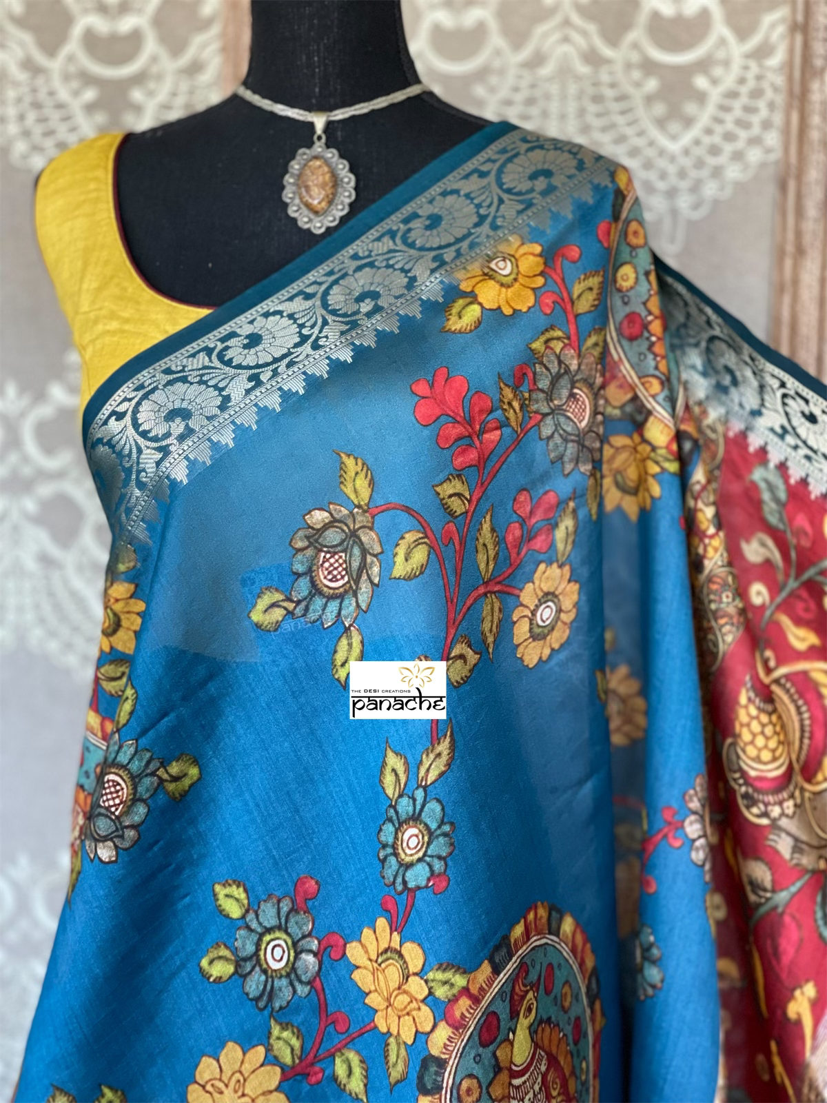 Chiniya Silk Banarasi - Blue Kalamkari Printed