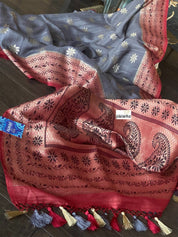 Tussar Georgette Banarasi- Grey Maroon Black