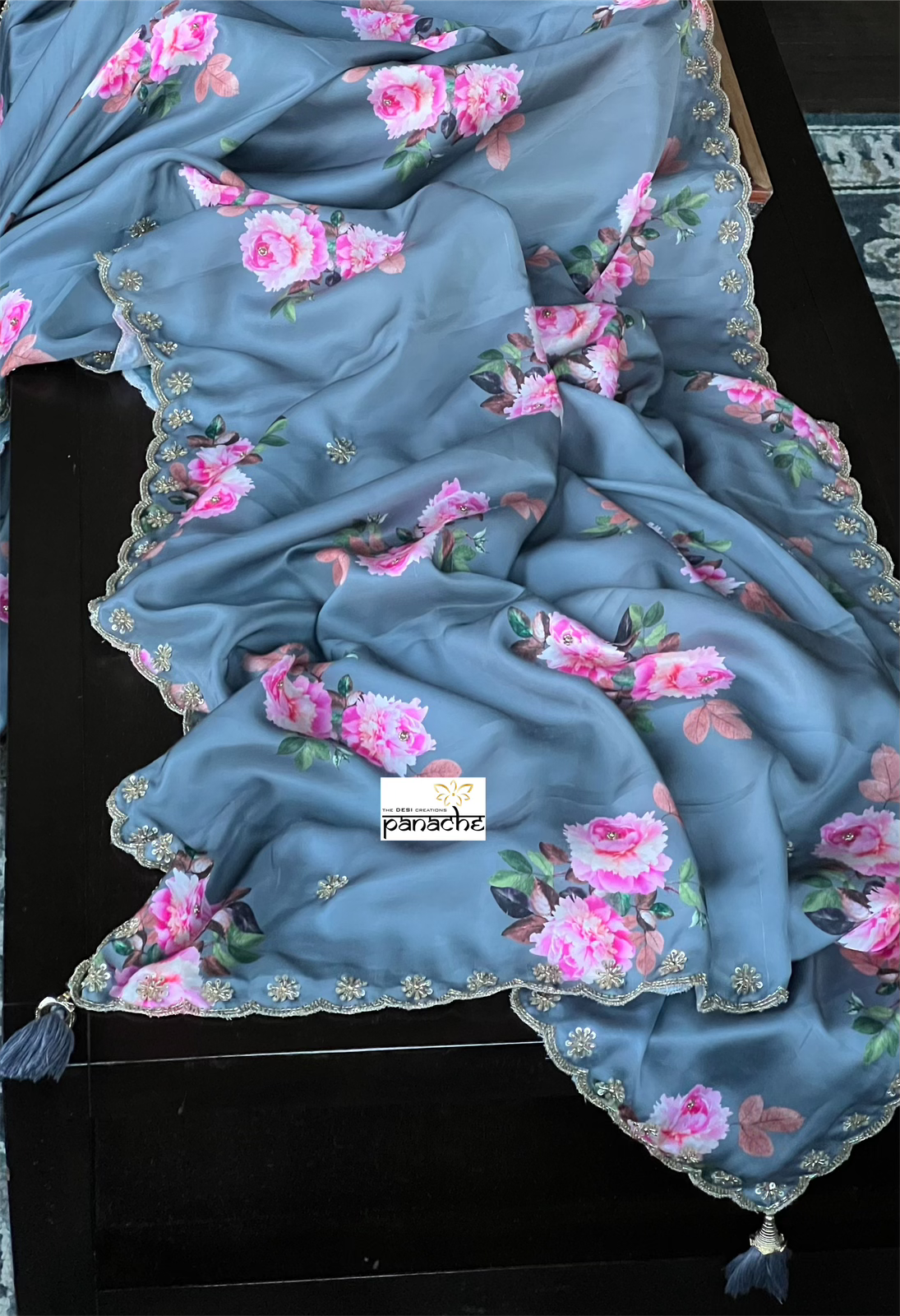 Designer Satin Silk Floral - Grey Pink