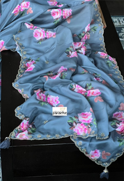 Designer Satin Silk Floral - Grey Pink