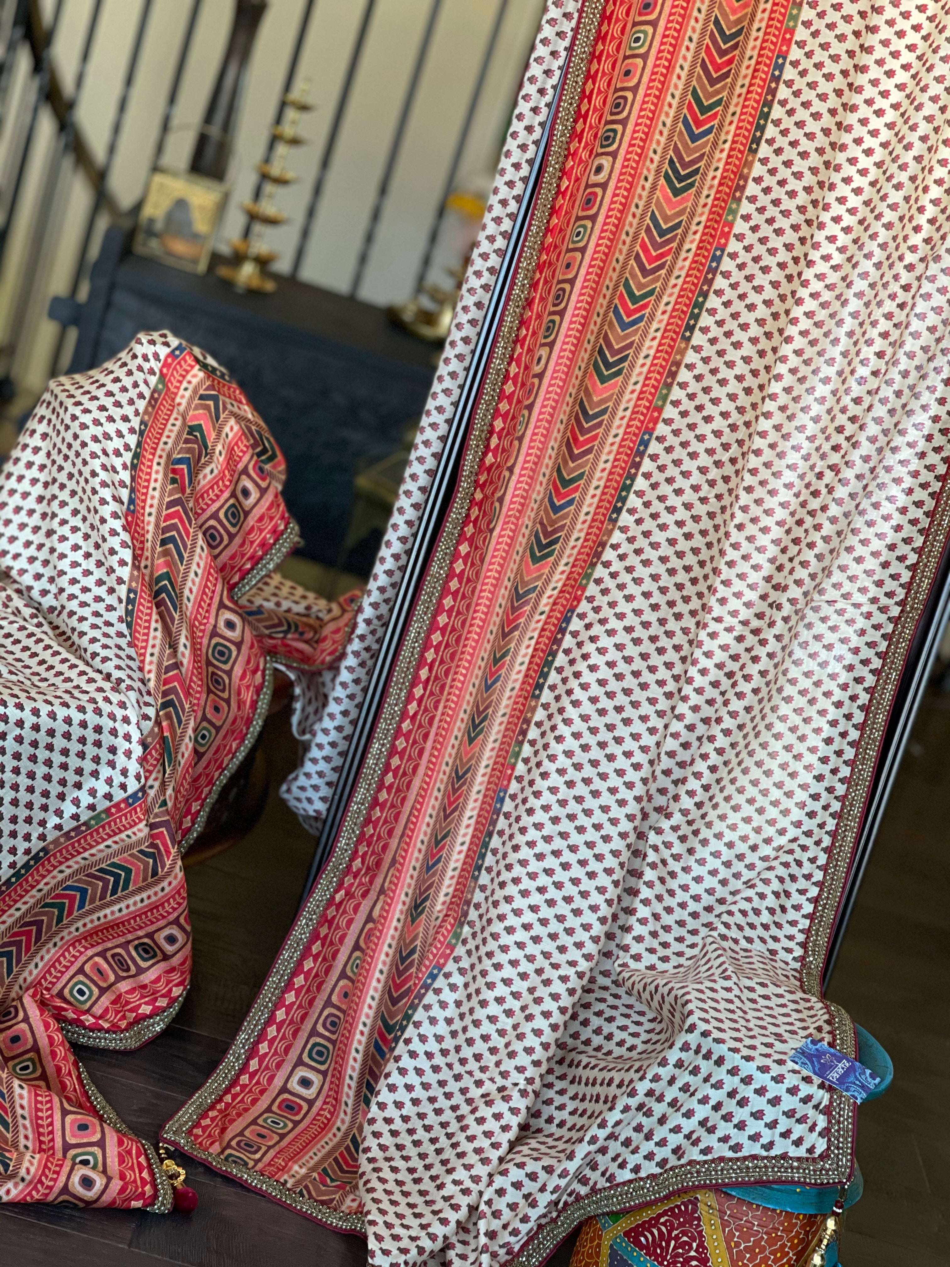 Satin Maslin Silk Printed - Beige Maroon Green