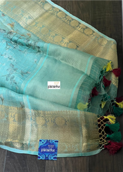 Banarasi Organza Floral - Seagreen Golden Zari Checks