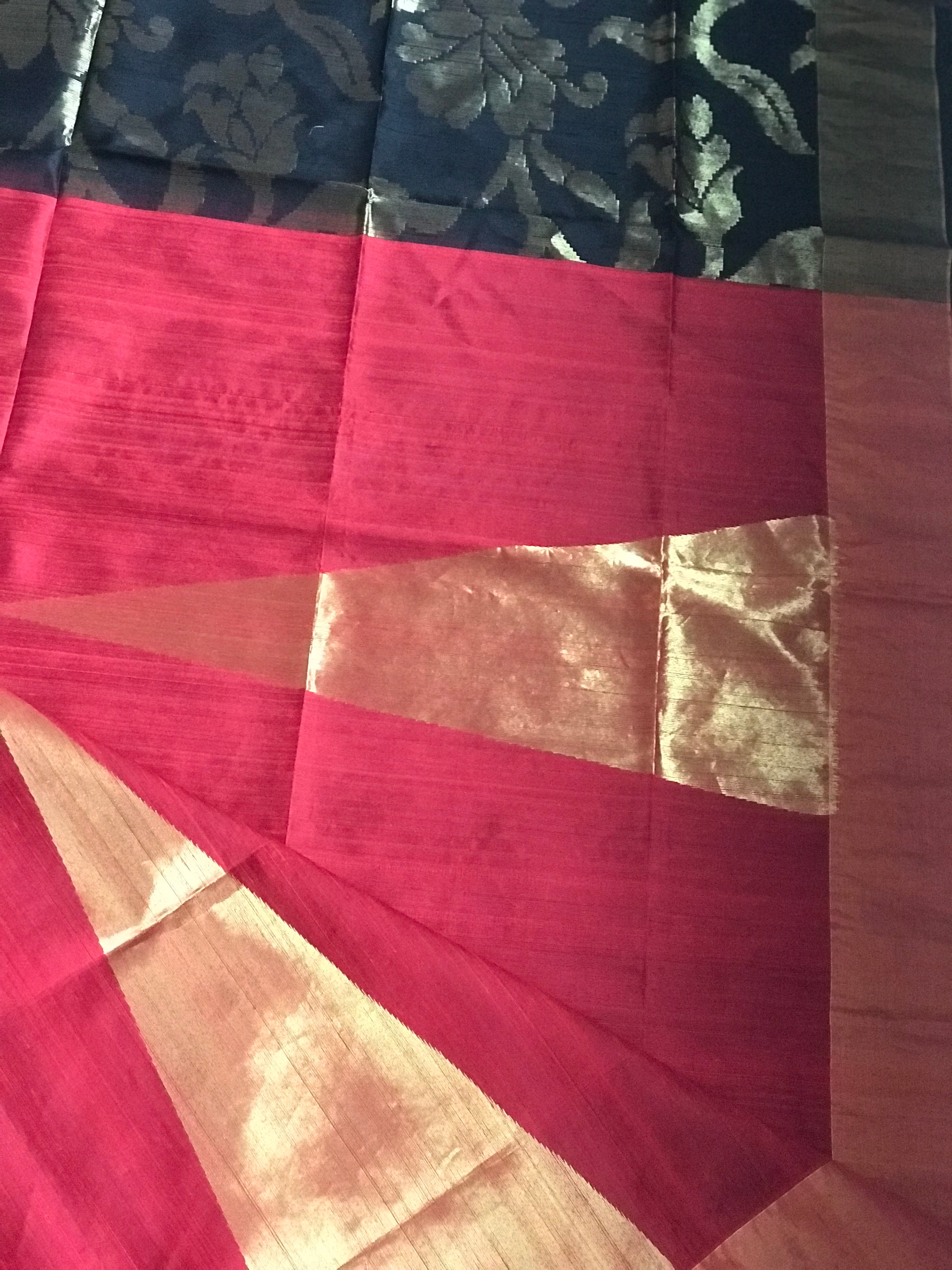 Tussar Dupion Silk Banarasi - Black Red