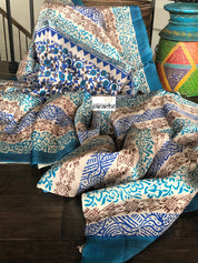 Tussar Silk - Printed Offwhite Firozi Royal Blue