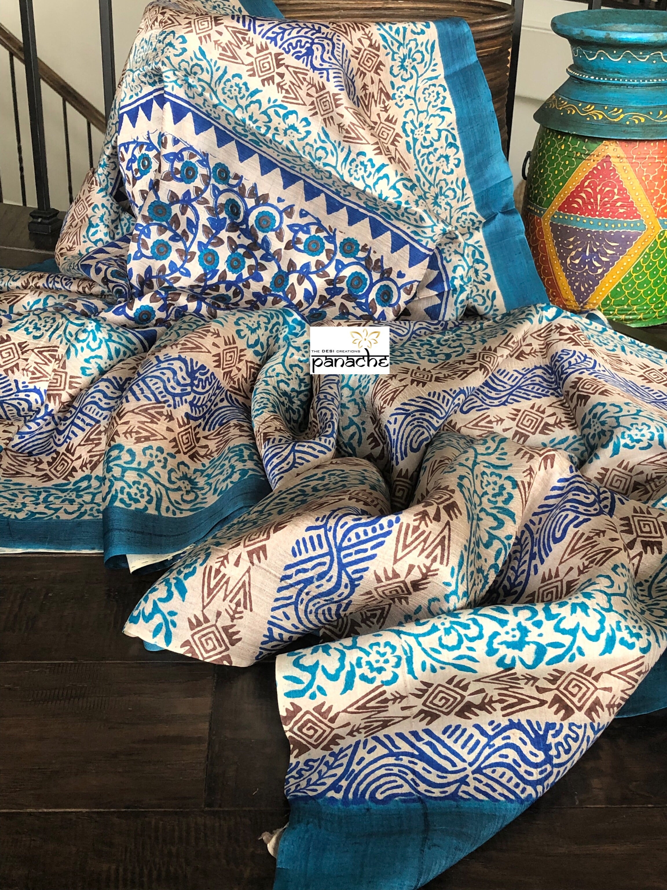 Tussar Silk - Printed Offwhite Firozi Royal Blue