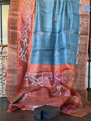 Pure Tussar Silk Kantha Stitch - Grey Rust