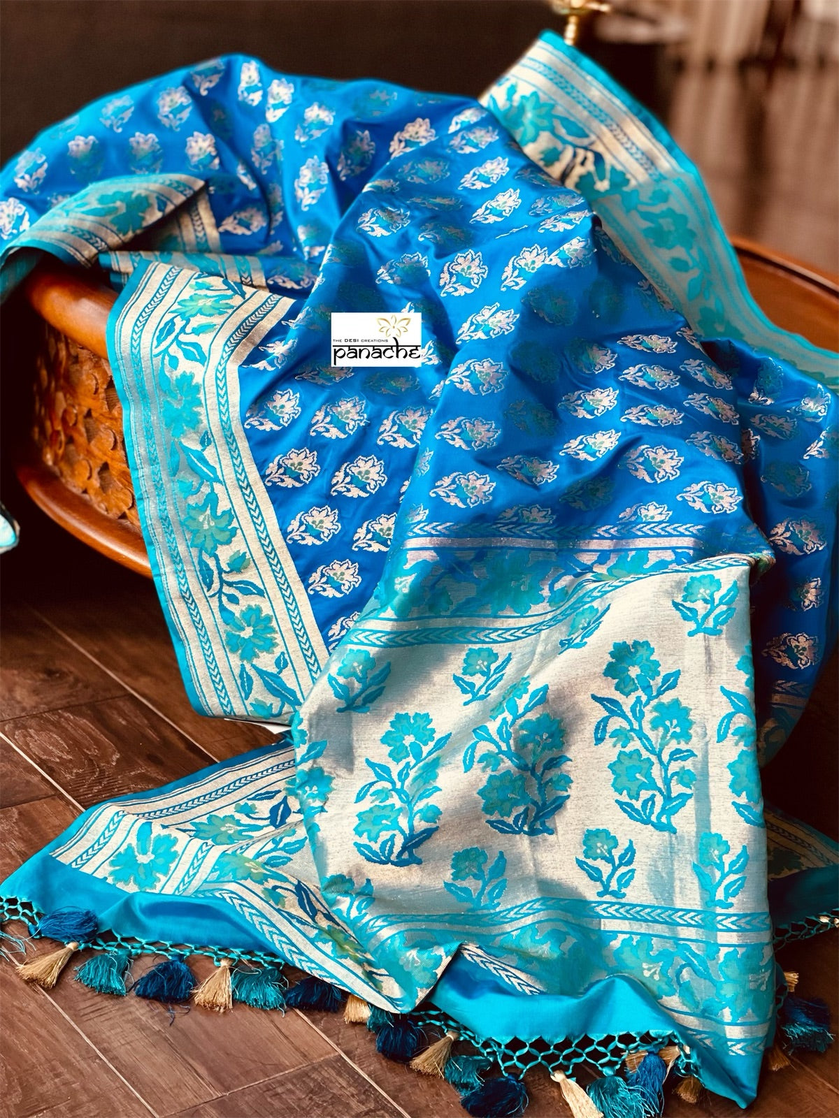 Pure Katan Silk Banarasi - Royal Blue Firozi Antique Zari