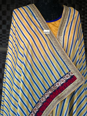 Muslin Soft Silk Printed - Blue Yellow Striped