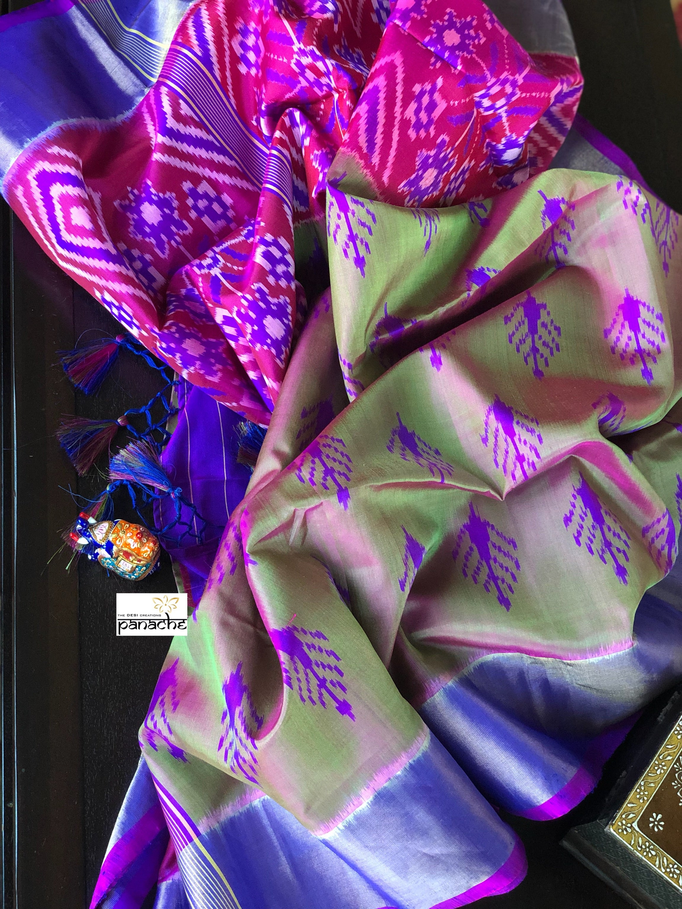 Patan Silk Patola - Green Magenta Dual Shaded