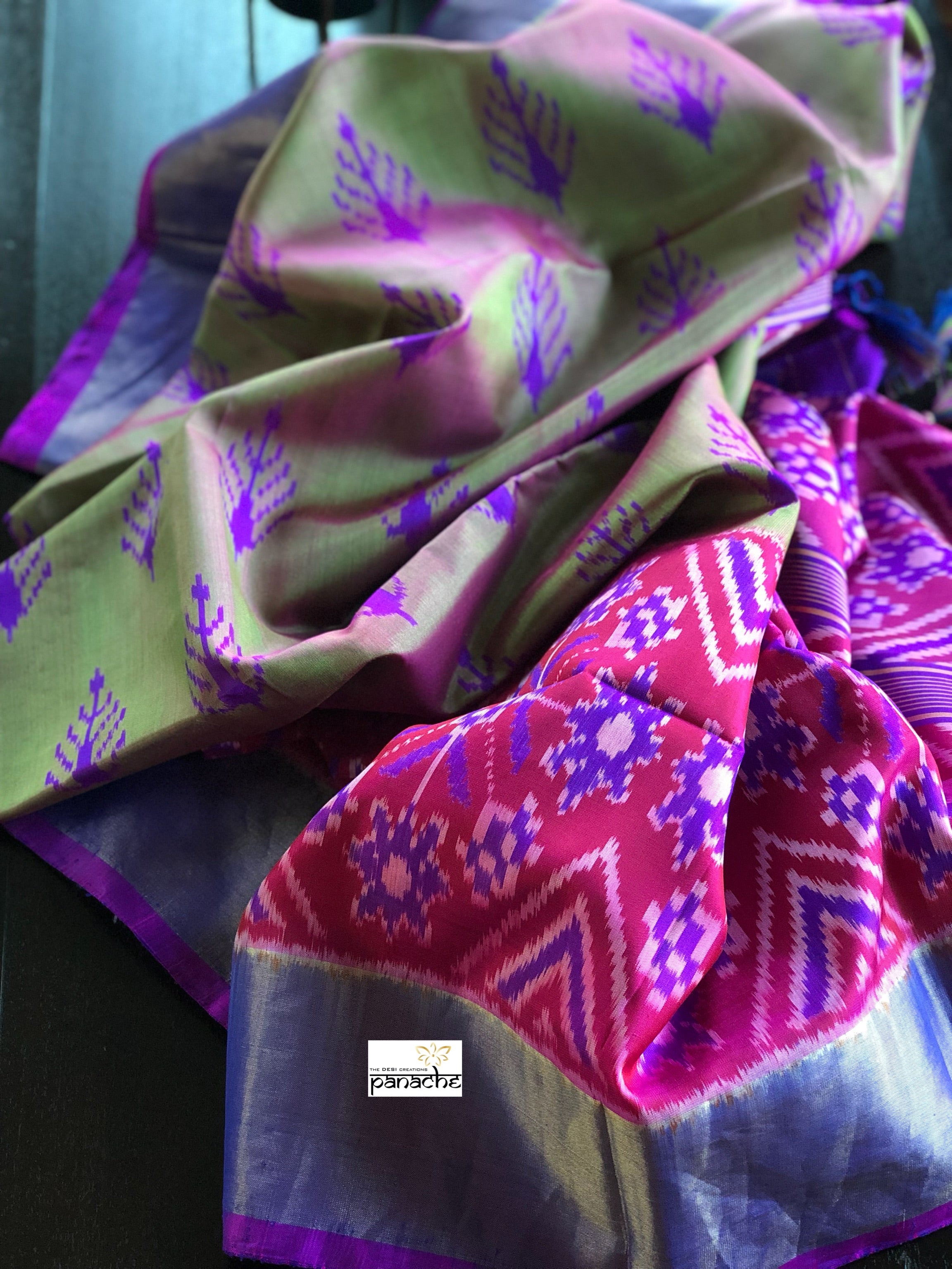 Patan Silk Patola - Green Magenta Dual Shaded