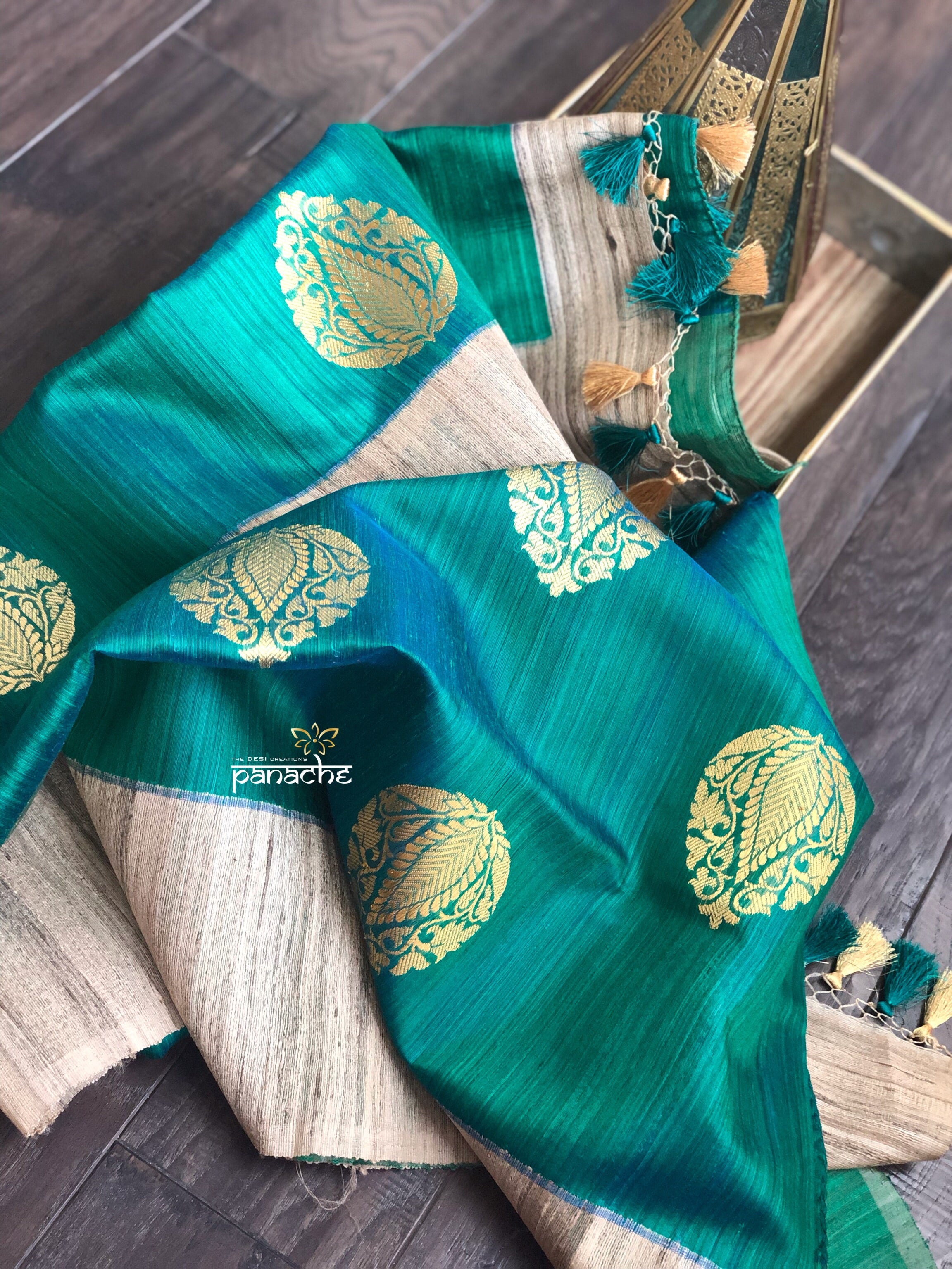 Tussar Silk Banarasi - Shot Rama Green Gicha