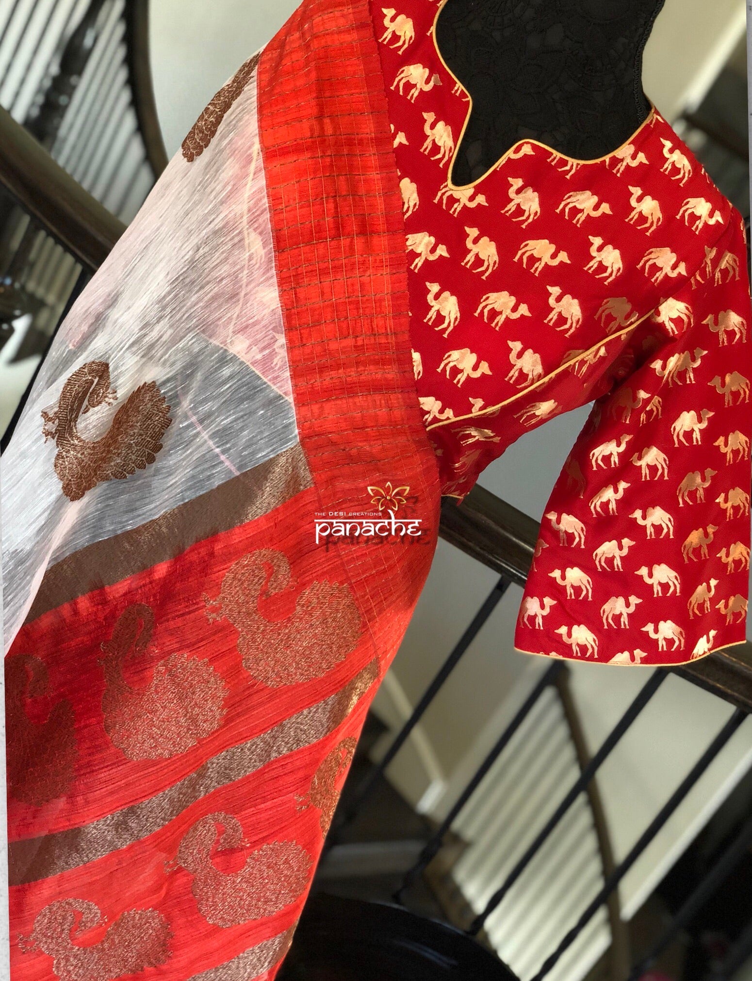 Designer Blouse - Red Camel Zari Woven