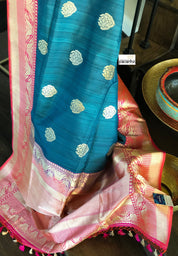 Exclusive Pure Tussar Silk Benarasi - Teal and Pink
