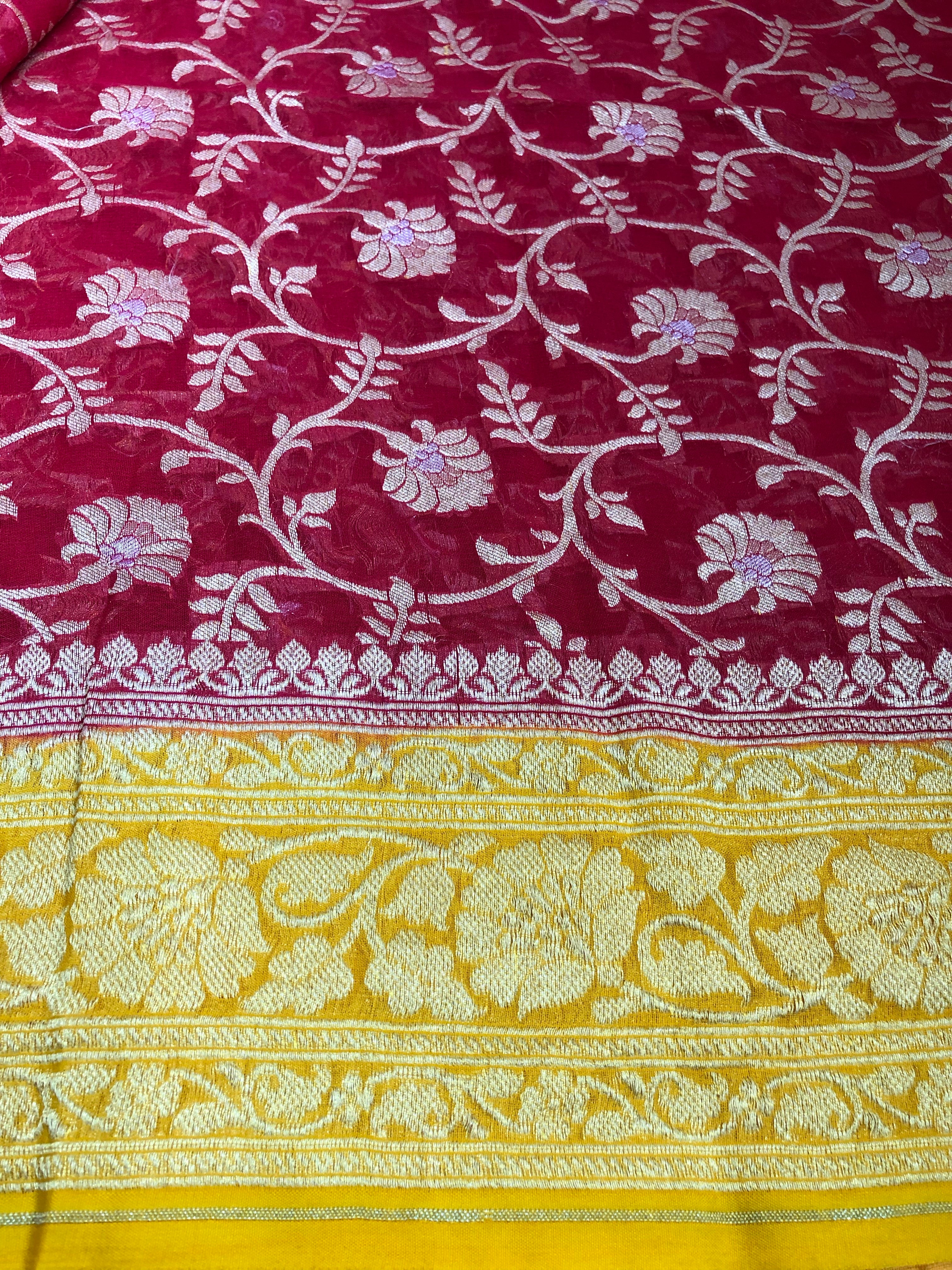 Khaddi Georgette Banarasi - Red Yellow Silver Zari meena