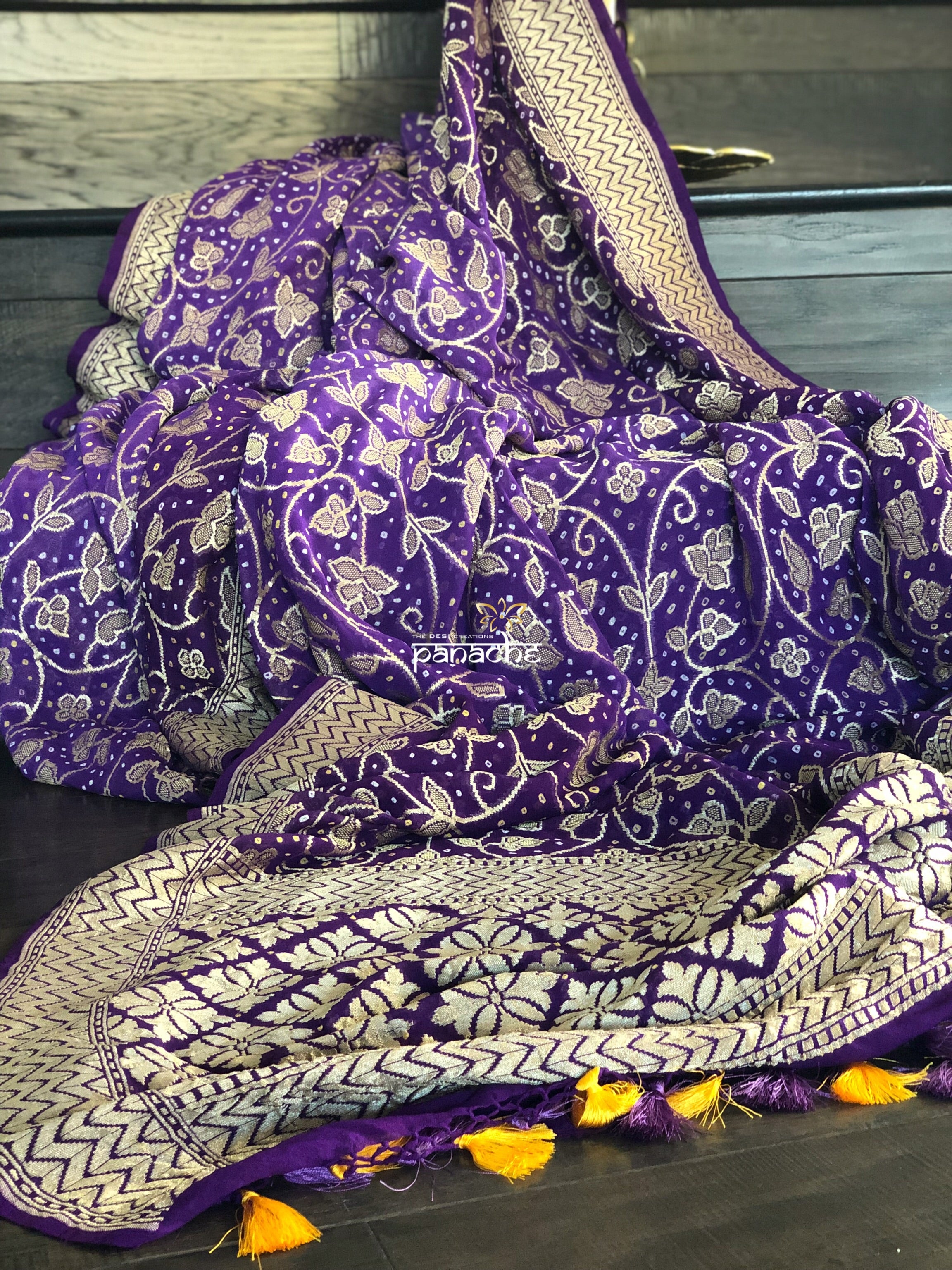 Bandhej Khaddi Georgette Banarasi - Purple Bandhej