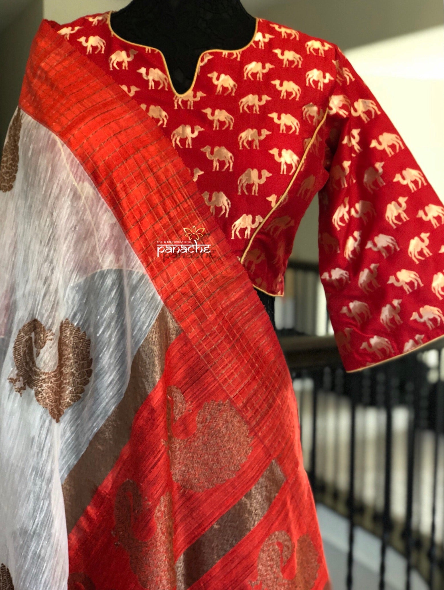 Designer Blouse - Red Camel Zari Woven