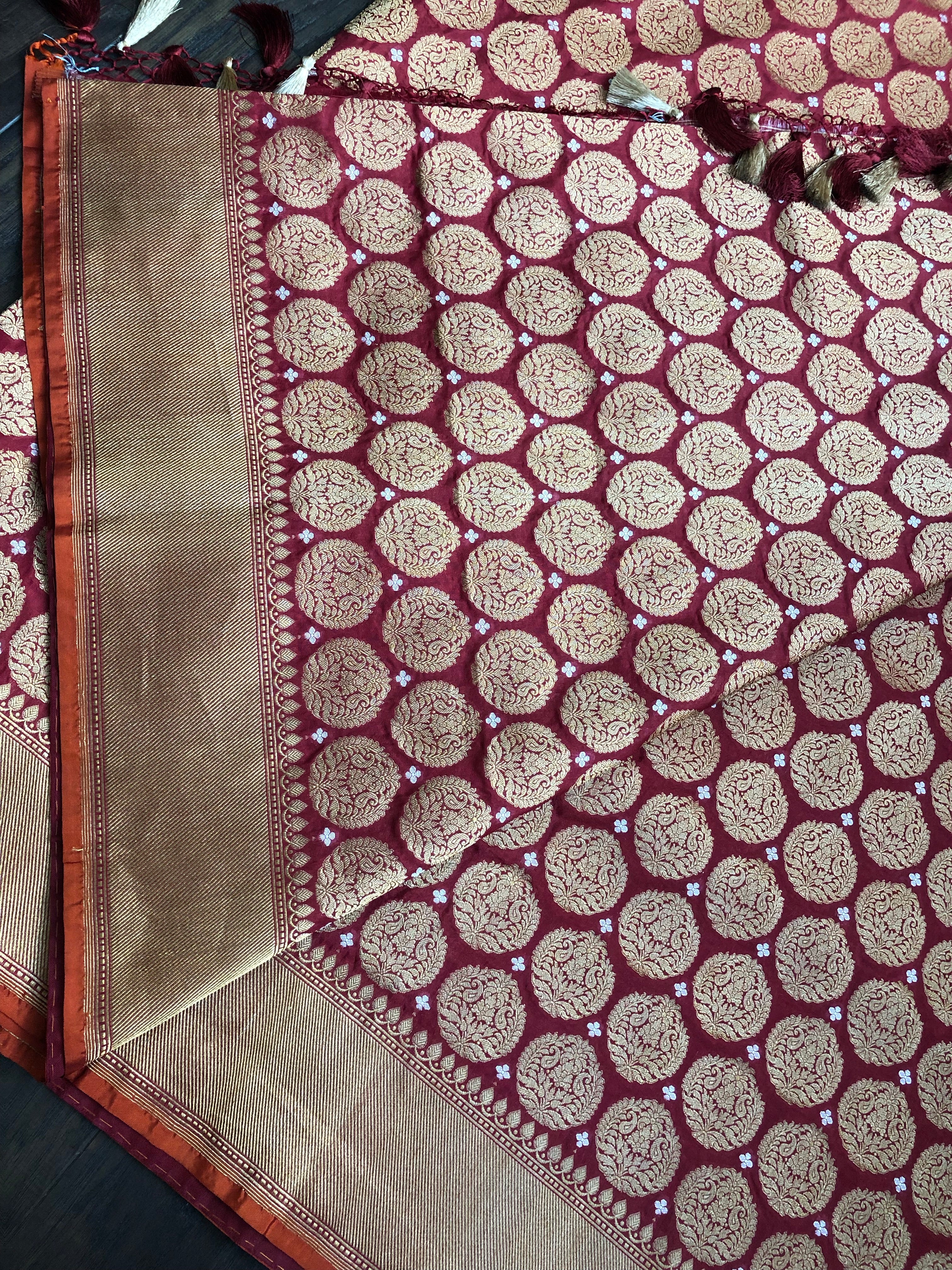Pure Katan Silk Banarasi - Wine Red Antique Golden Zari
